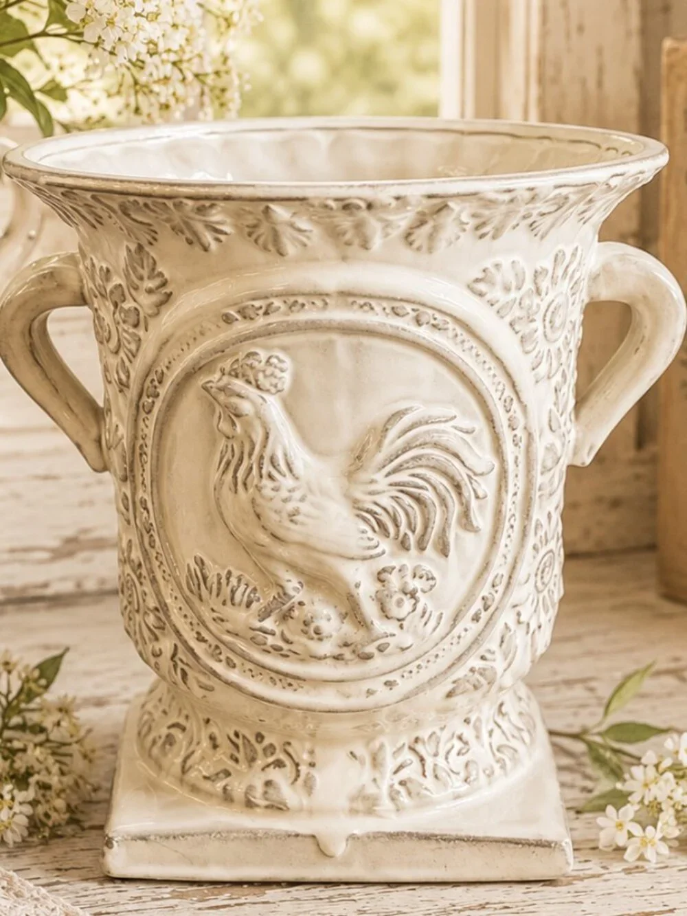 Vintage Collectible Ceramic Embossed Rooster and Country Floral Pattern Planter